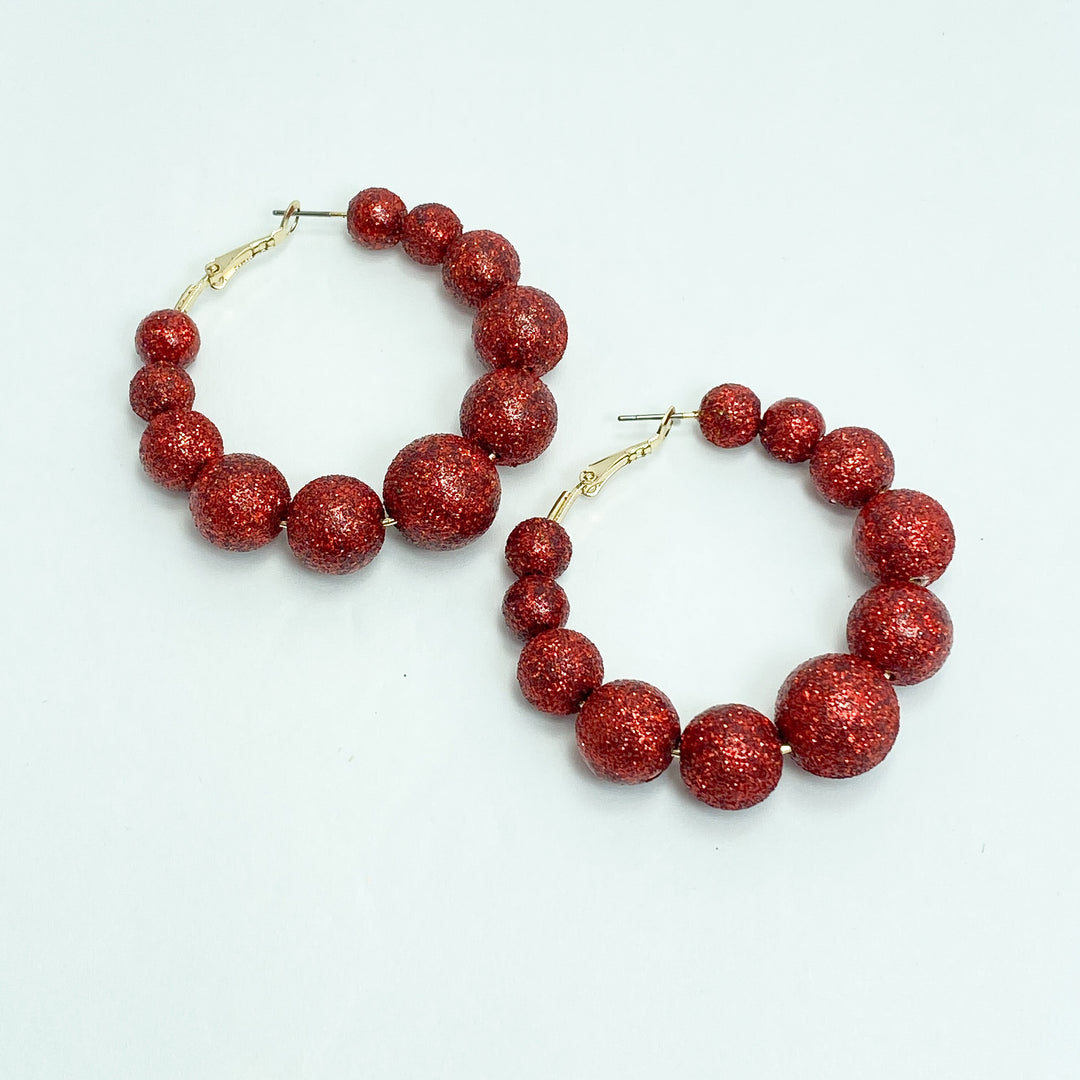 Red Sparkle Beaded Hoop Earrings