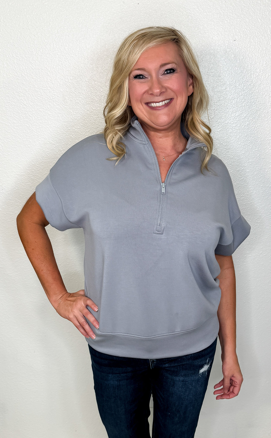 Calm & Cool Half Zip Top- Smokey Blue