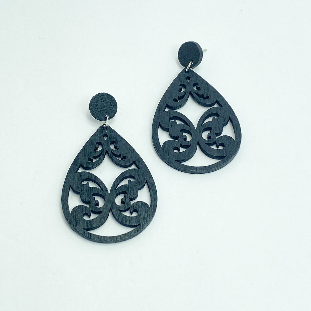 Black Wooden Cutout Teardrop Earrings - Lucy Doo