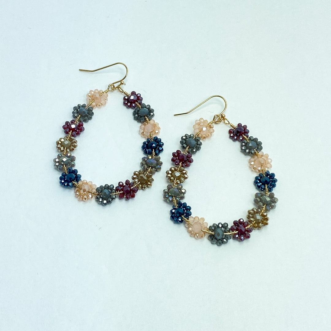 Burgundy Blue Grey & Cream Beaded Flower Earrings - Lucy Doo