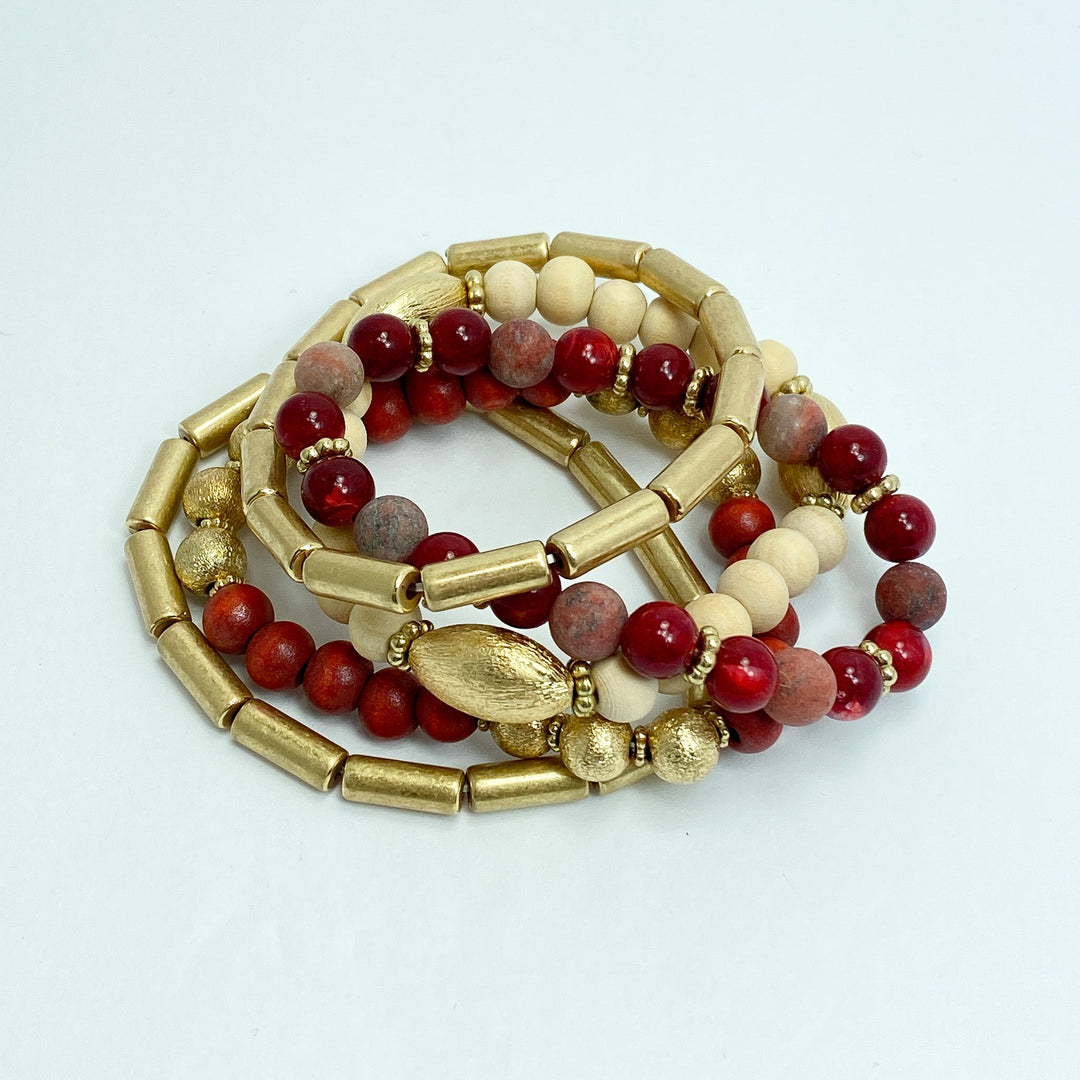Burgundy-Gold Tubular Beaded Bracelet Set - Lucy Doo