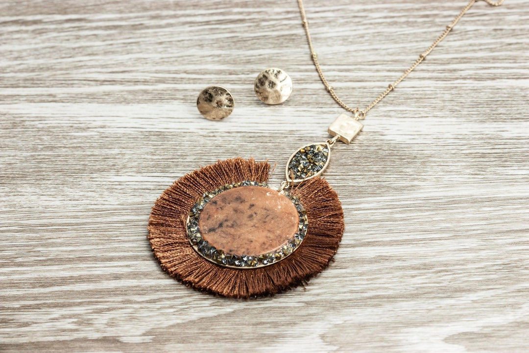 Cognac Tassel Long Necklace Set - Lucy Doo