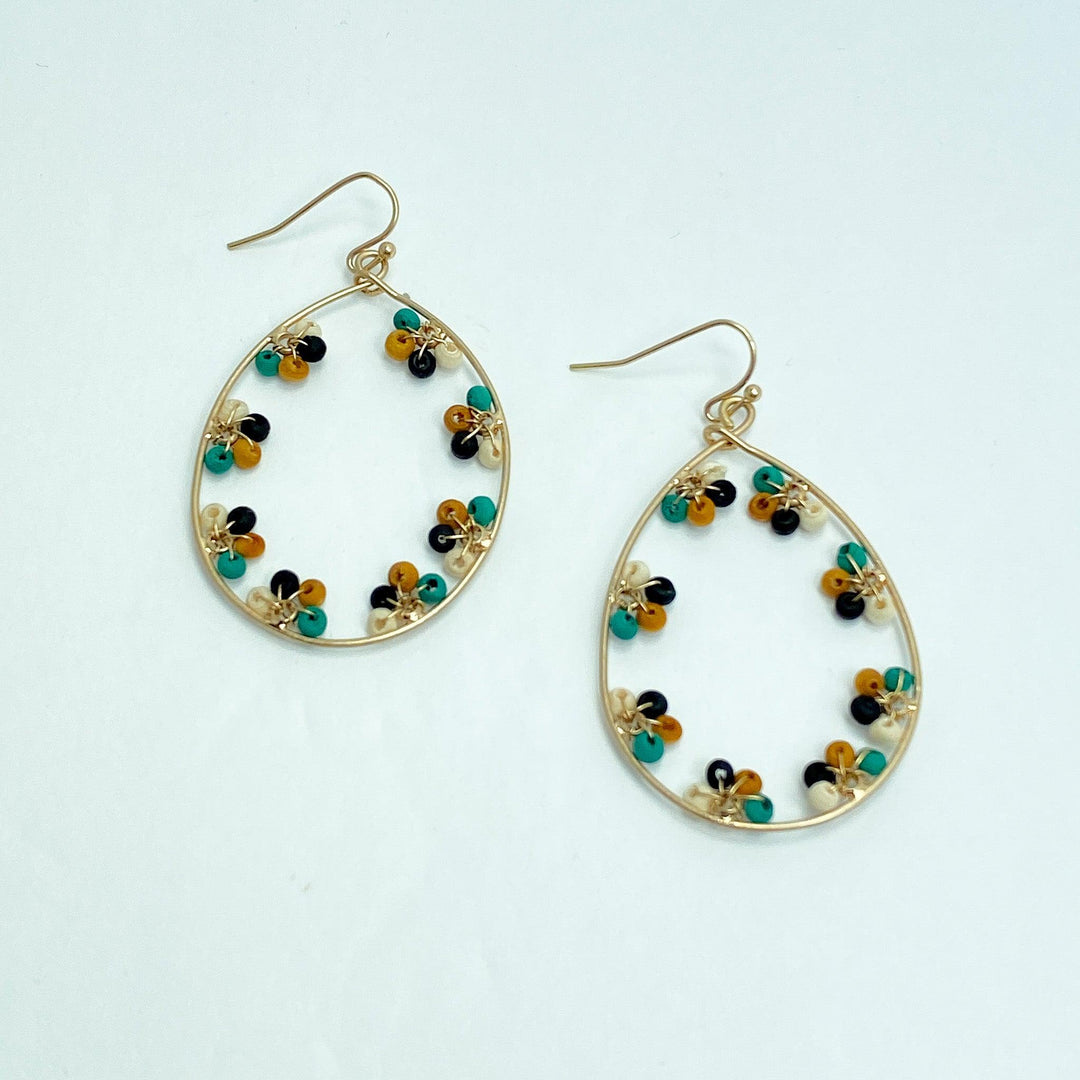 Cream Black Teal & Gold Teardrop Beaded Earrings - Lucy Doo