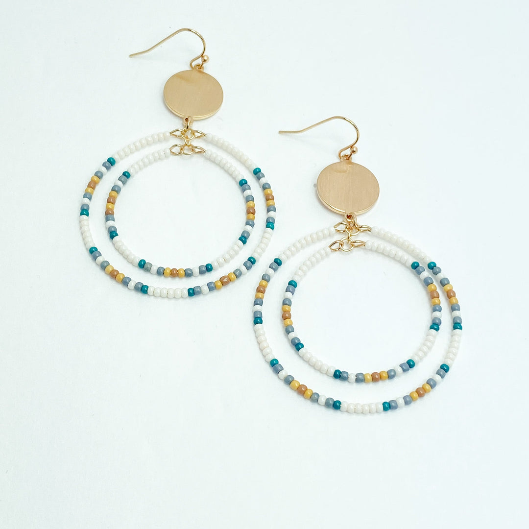 Cream Teal & Tan Beaded Circle Earrings - Lucy Doo