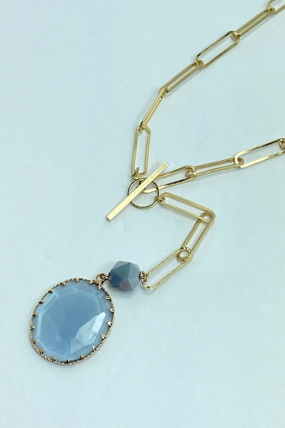 Gold Link Necklace w/ Smokey Blue Pendant - Lucy Doo