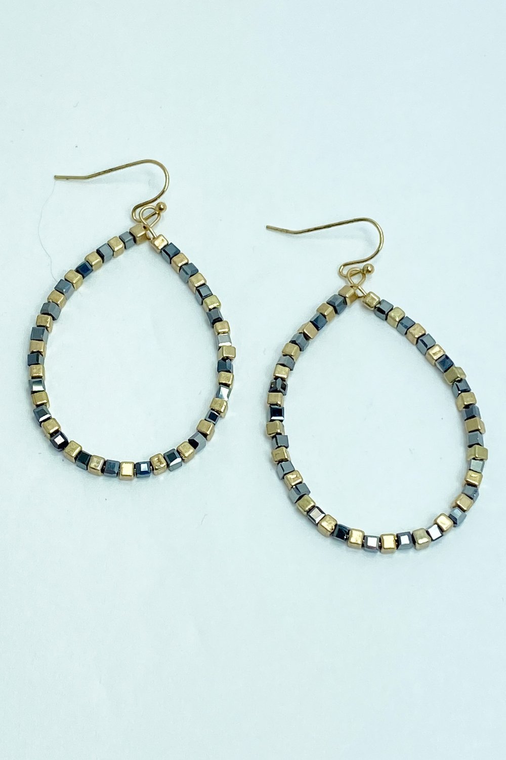 Grey & Gold Teardrop Beaded Earrings - Lucy Doo