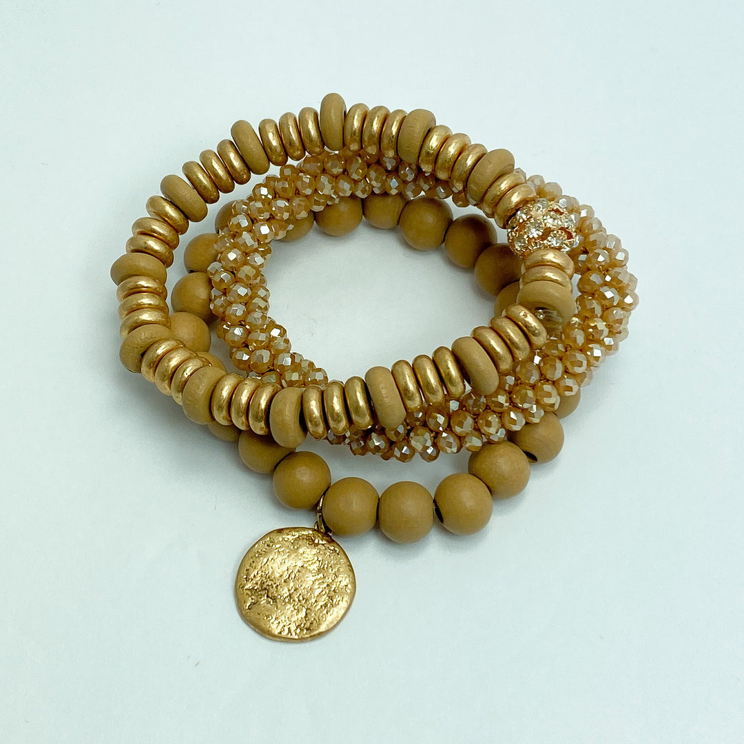 Tan Cluster Bead w/ Gold Accents Bracelet Set - Lucy Doo