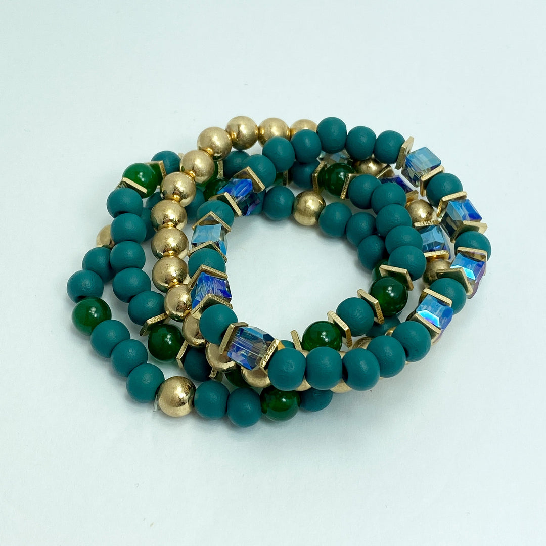 Teal & Gold Beaded Bracelet Set - Lucy Doo