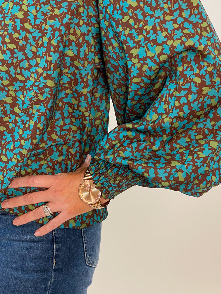 Blue Brown Floral Collared Top