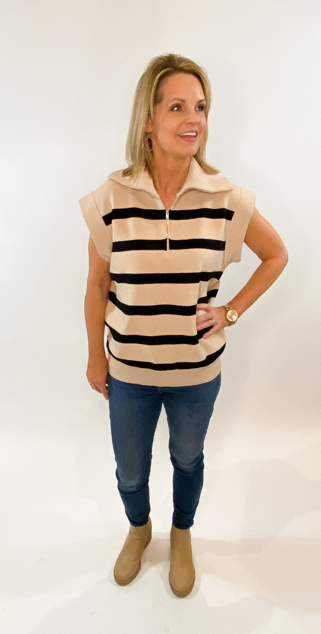 Taupe Striped Half-Zip Knitted Vest