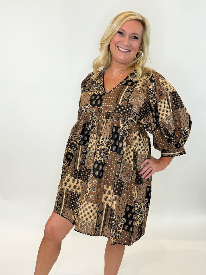 Brown Mixed Print Dress