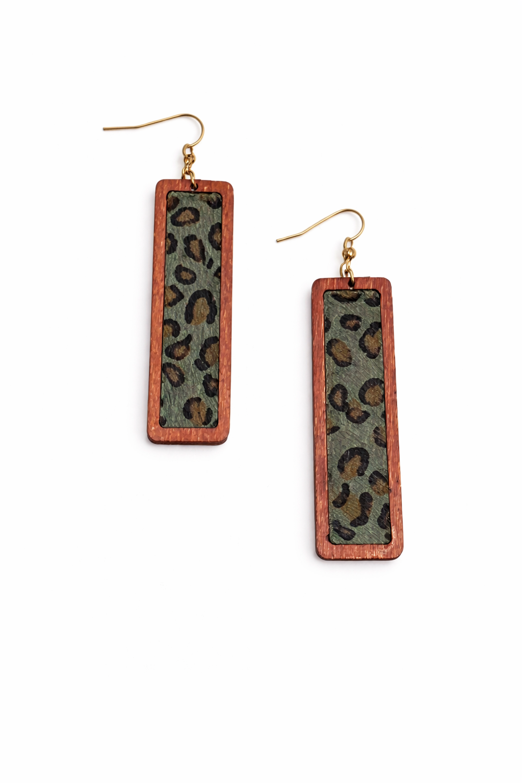 Pair of rectangular earrings with leopard print design on a white background