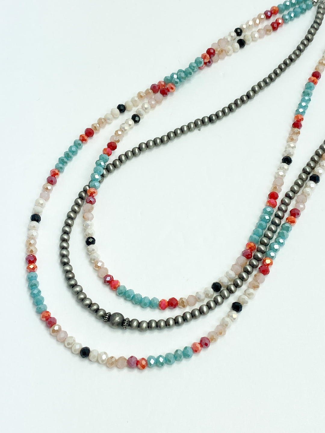 Sea Blue, Coral, & White Beaded Necklace