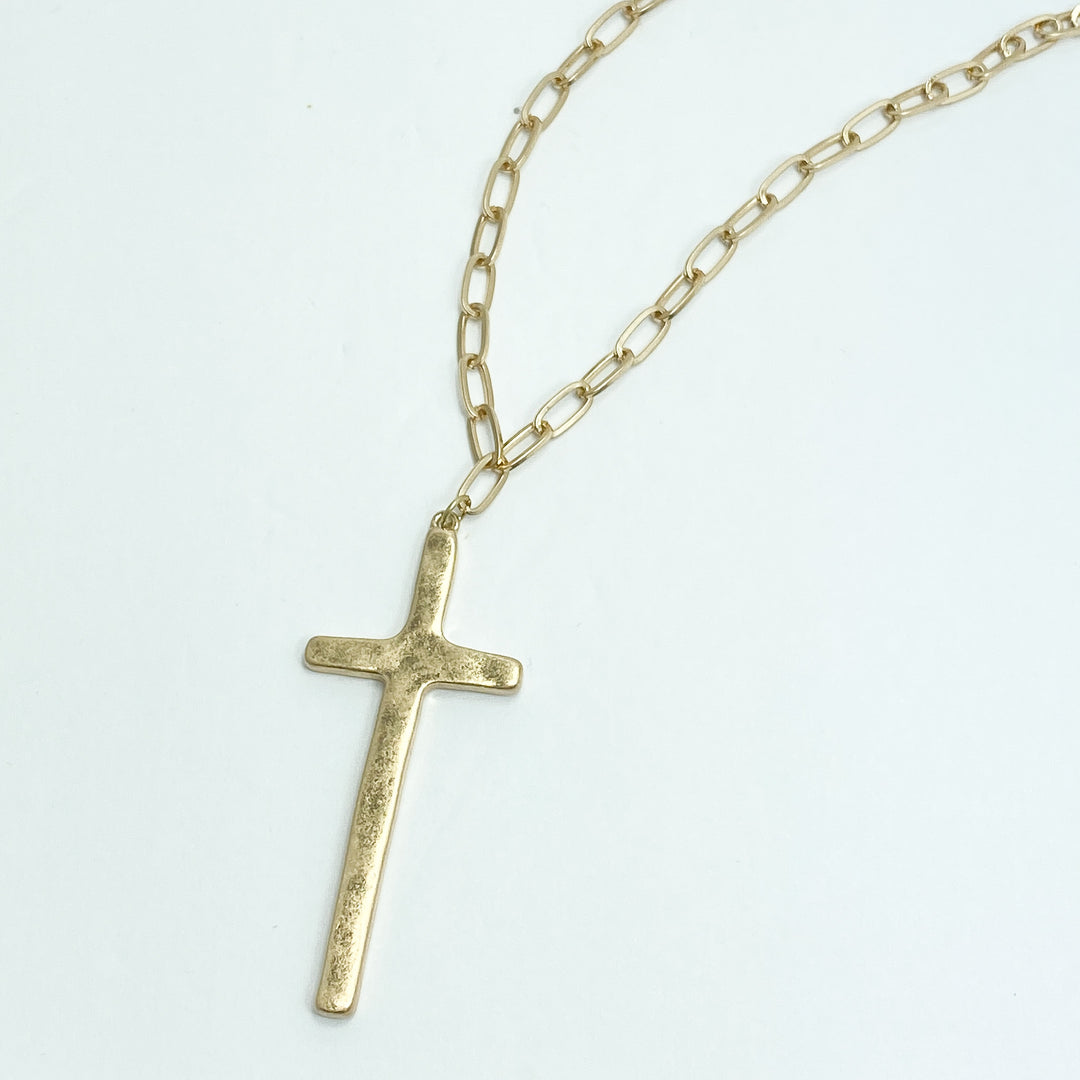 Long Gold Link Necklace w/ Cross Charm