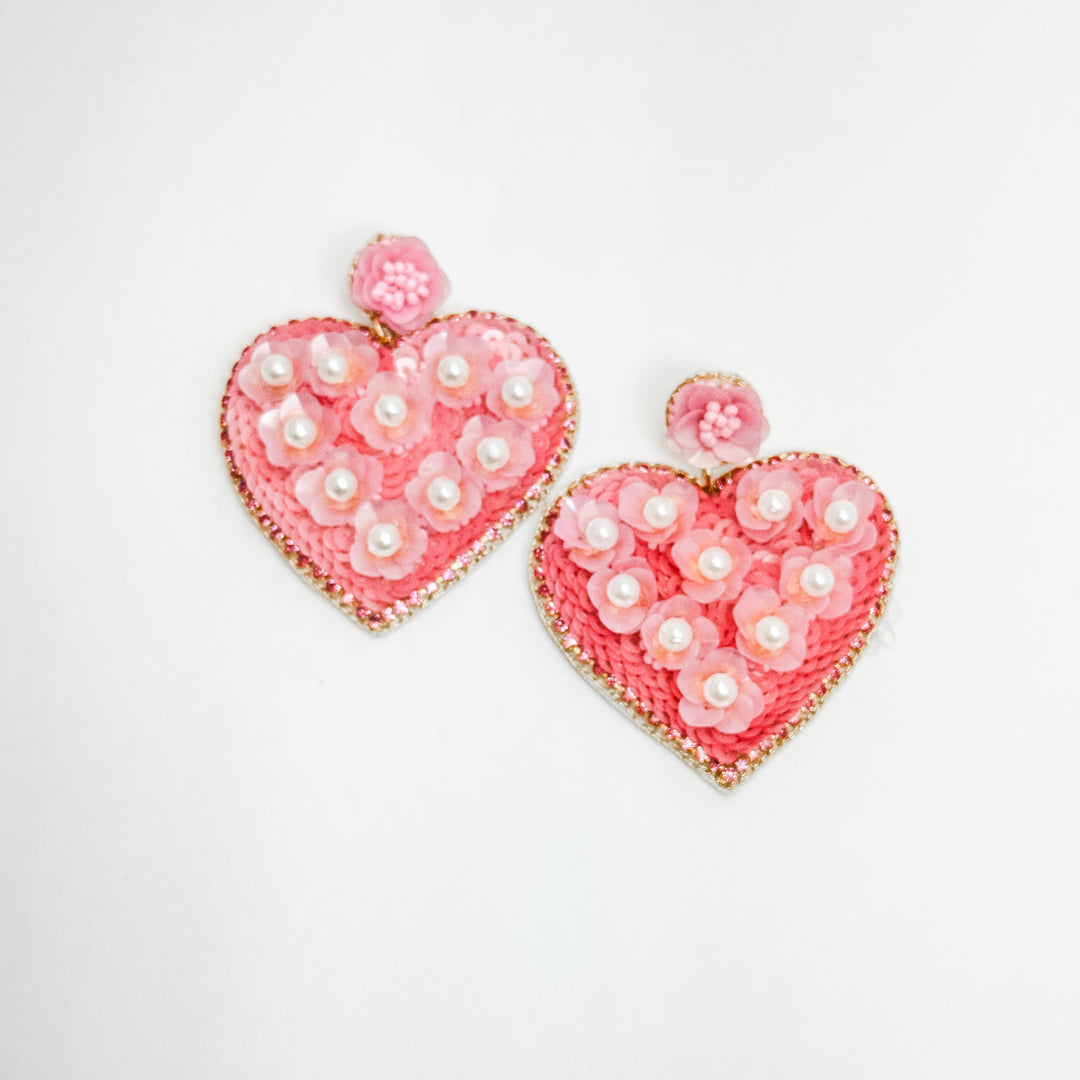 Pink & Pearl Heart Beaded Statement Earrings