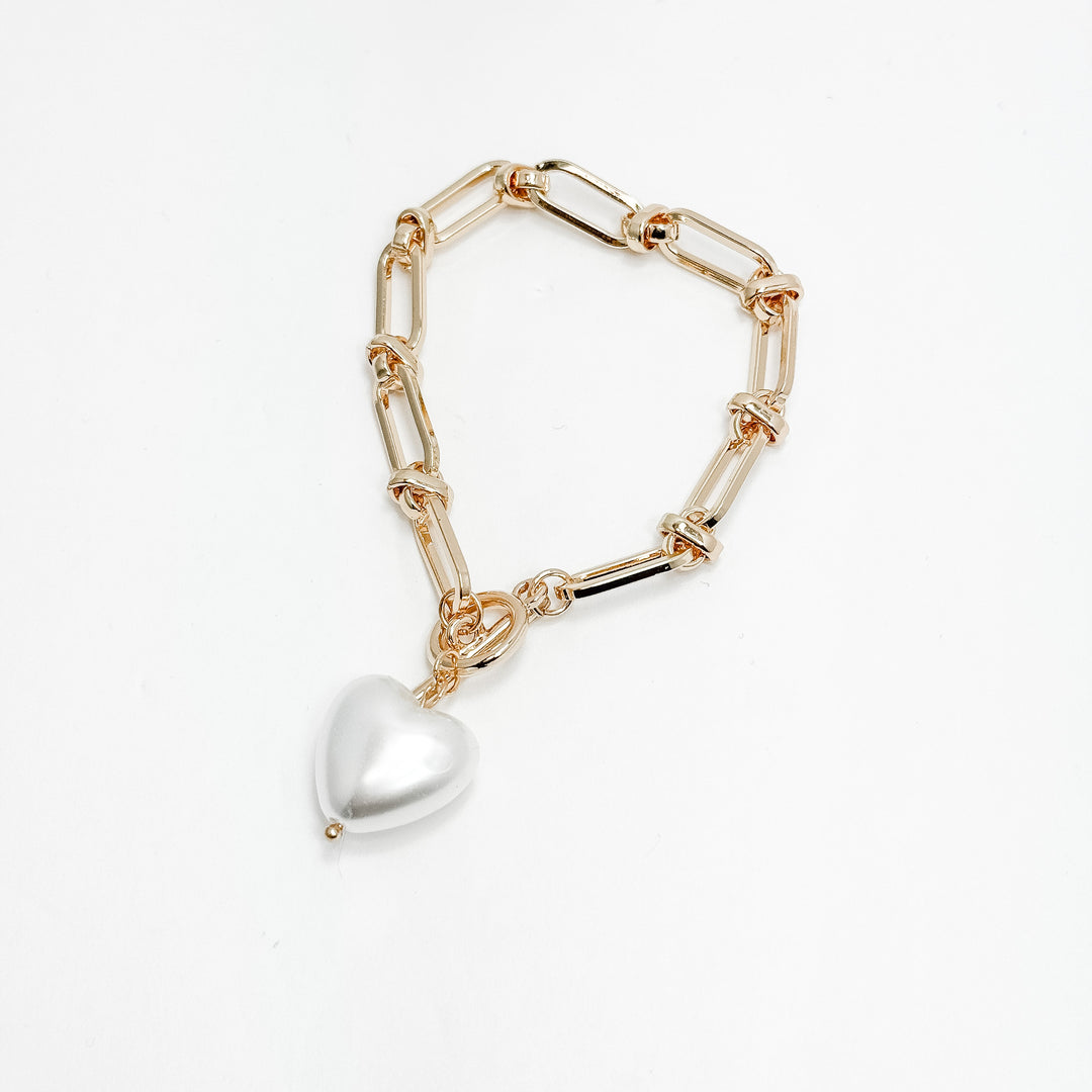 Gold Link Bracelet w/ Puffy Pearl Heart Charm