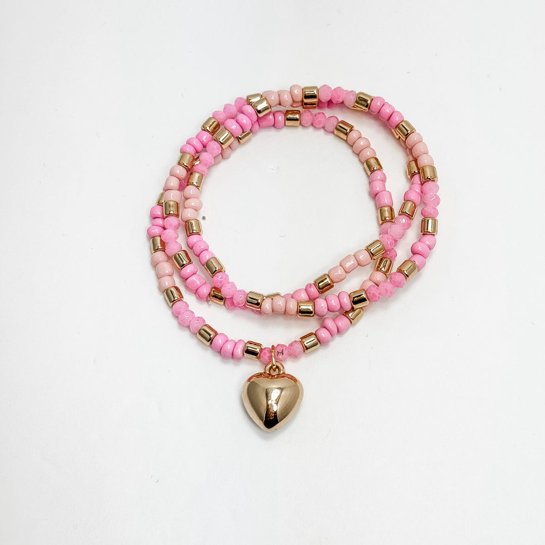 Pink Beaded Bracelet Set w/ Gold Heart Charm