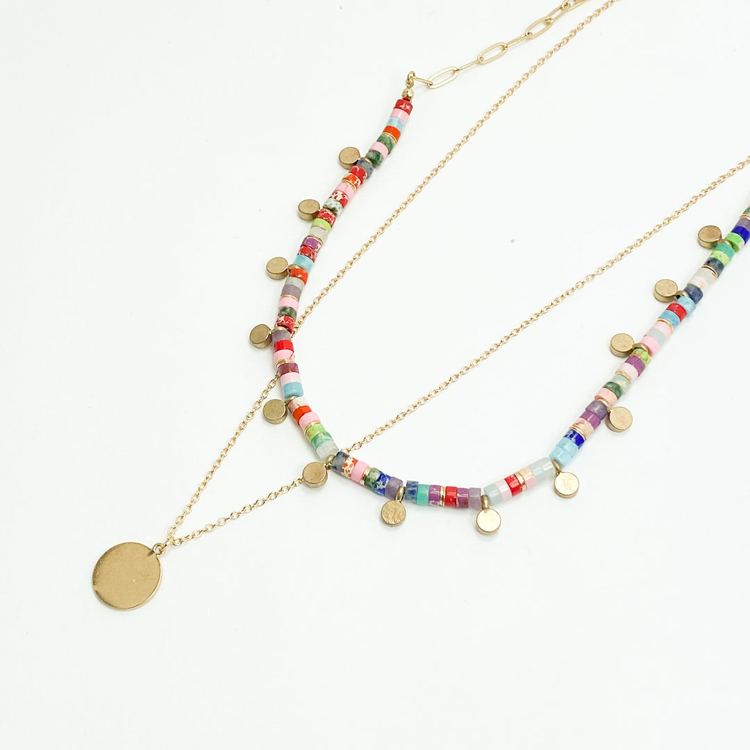multi colored beaded layered necklace with gold charm