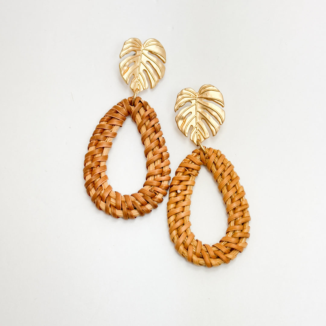 Natural Woven Earrings w/ Gold Leaf Accent