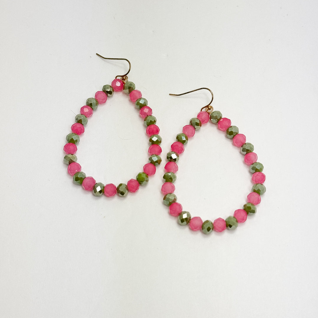 Pink & Green Beaded Teardrop Earrings