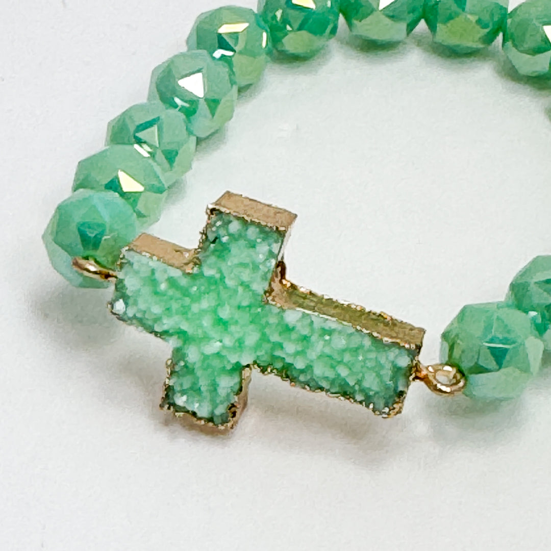 Mint Green Beaded Bracelet with Cross Druzy Accent