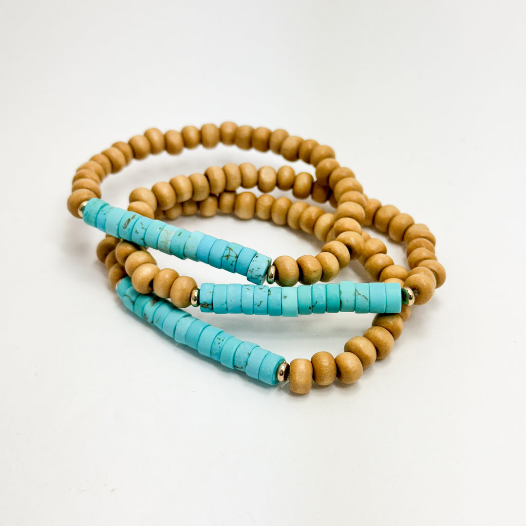 Tan & Turquoise Wooden Bracelet Set