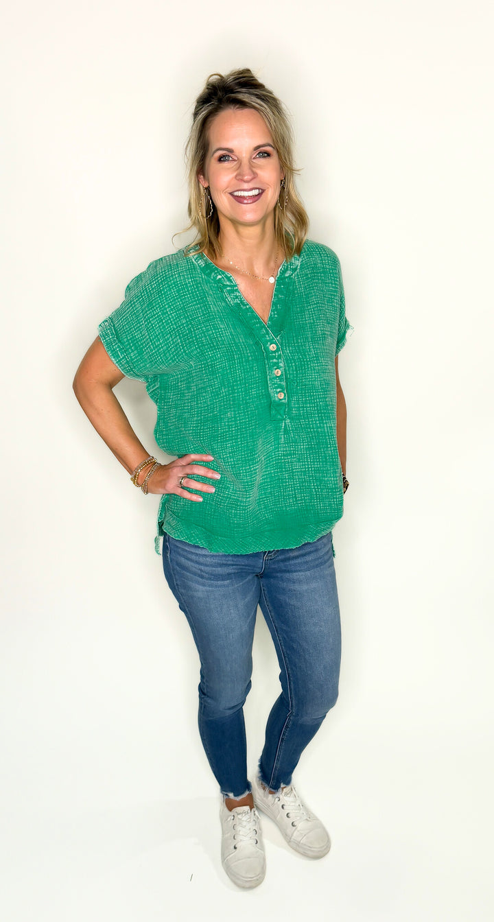Acid Washed Green Henley Top