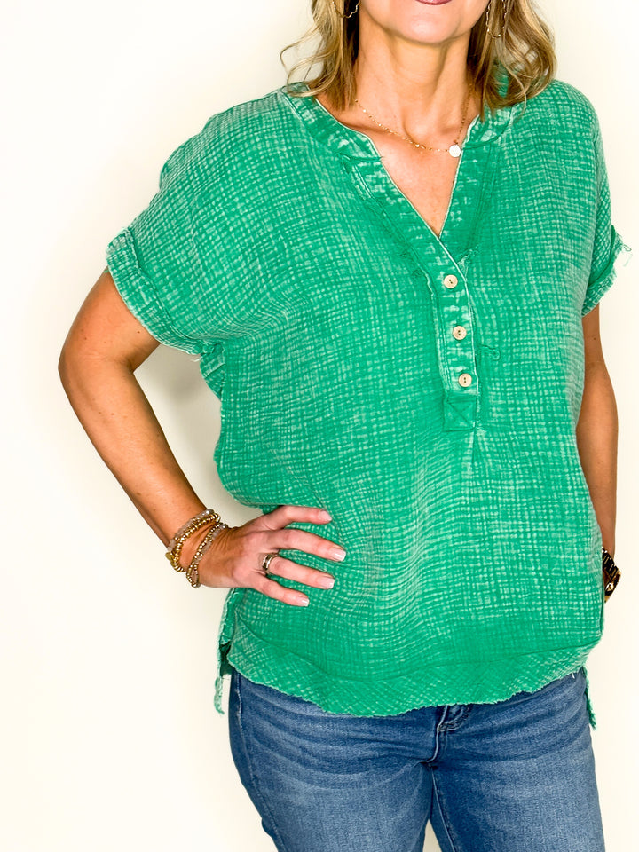 Acid Washed Green Henley Top