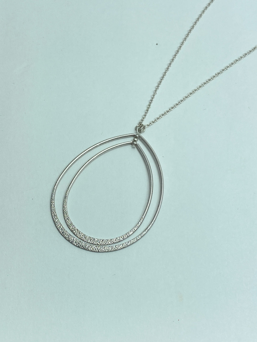 Long Silver Necklace w/ Double Teardrop Pendant