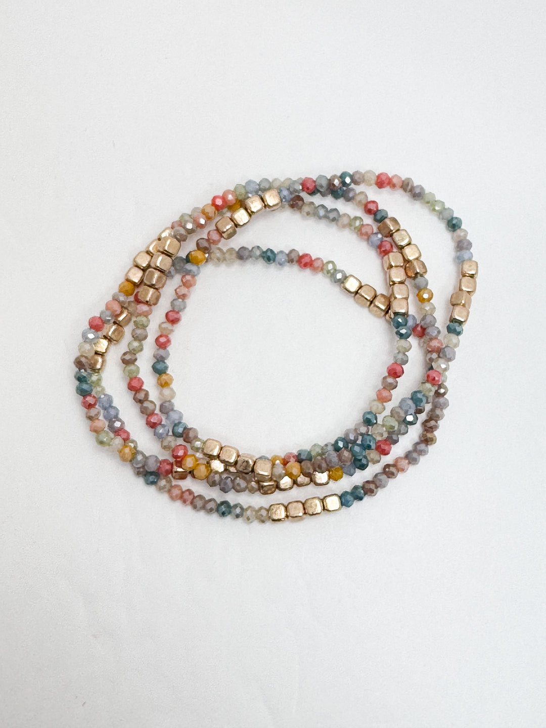 Dusty Blue, Coral, & Gold Petite Beaded Bracelet Set