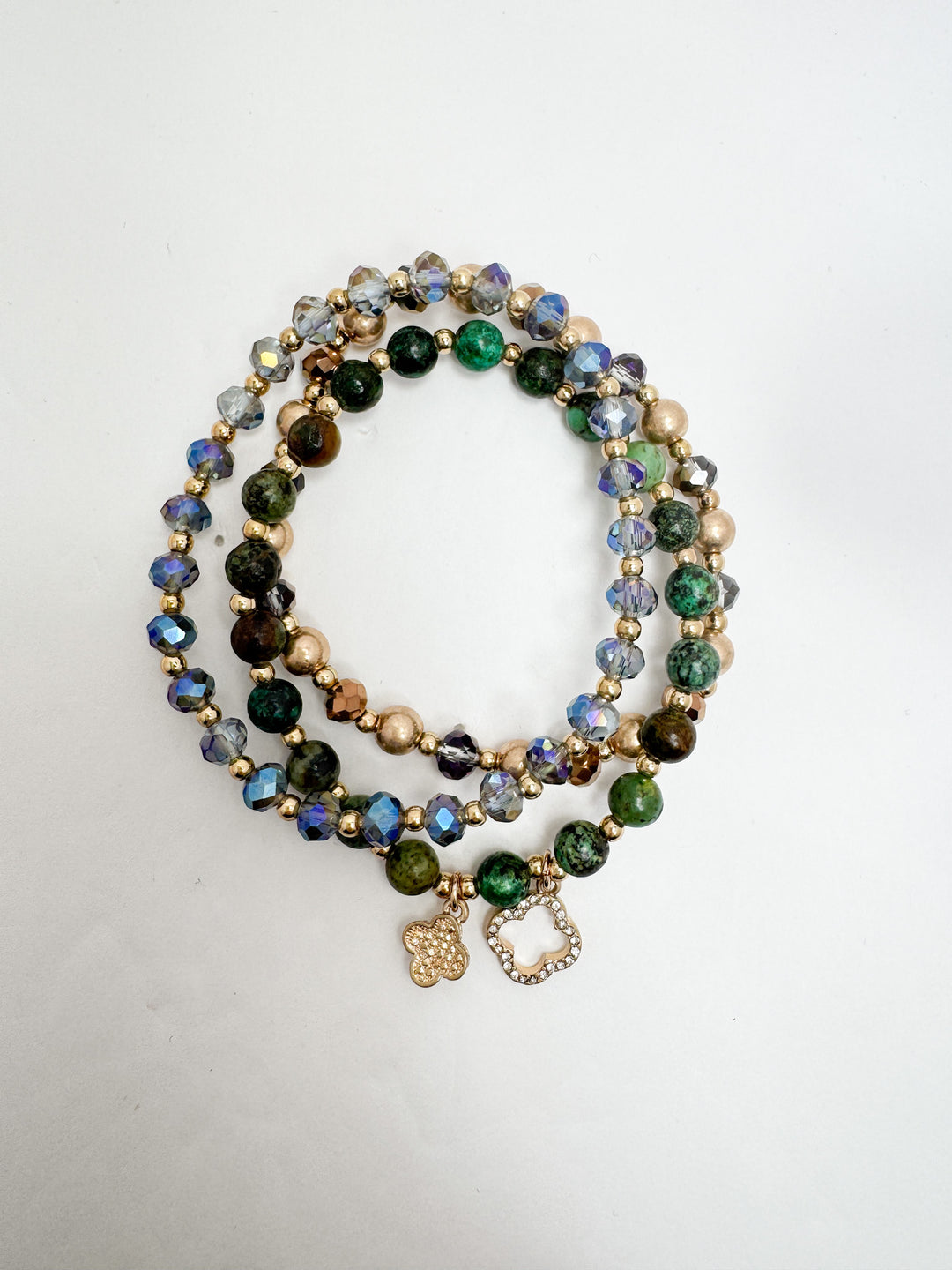 Green Modeled Beaded Bracelet Set w/ Gold Charms