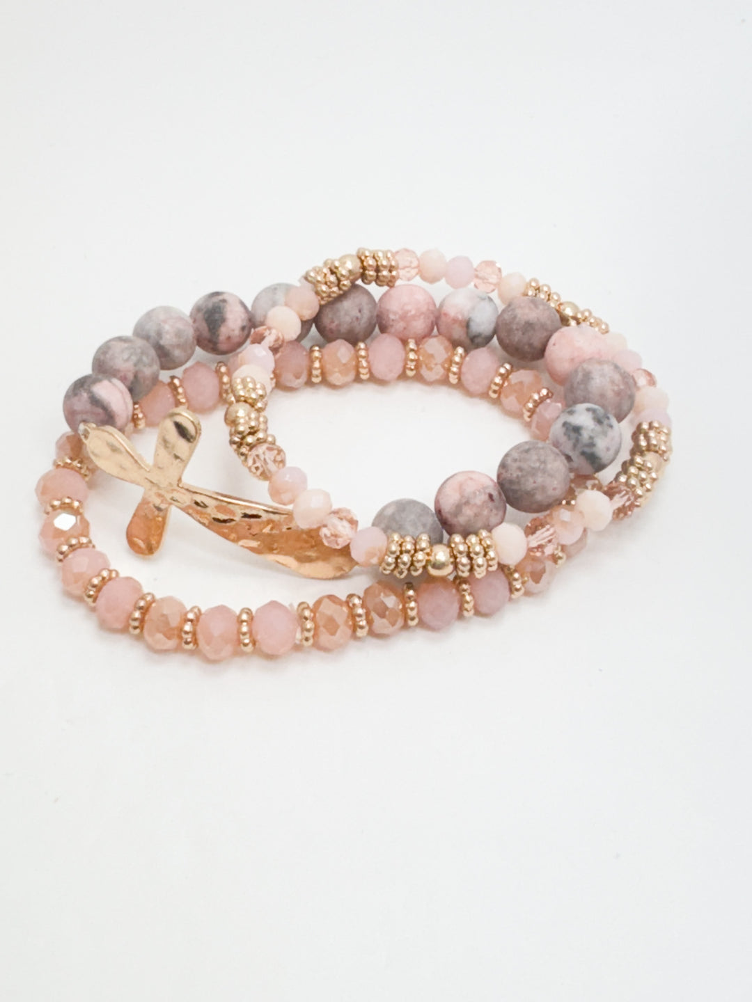 Peach & Grey Beaded Bracelet Set w/ Gold Cross