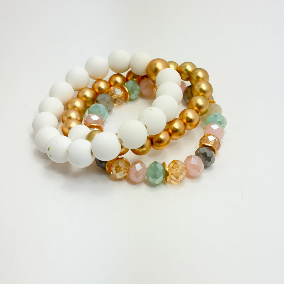 White Gold & Sea Colored Bead Bracelet Set