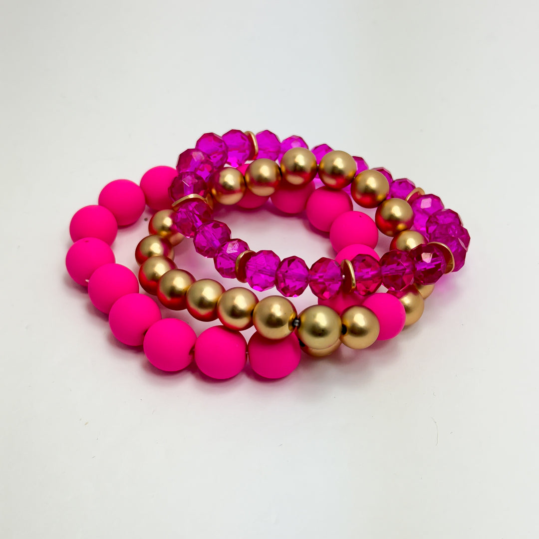 Hot Pink Fuschia & Gold Bracelet Set