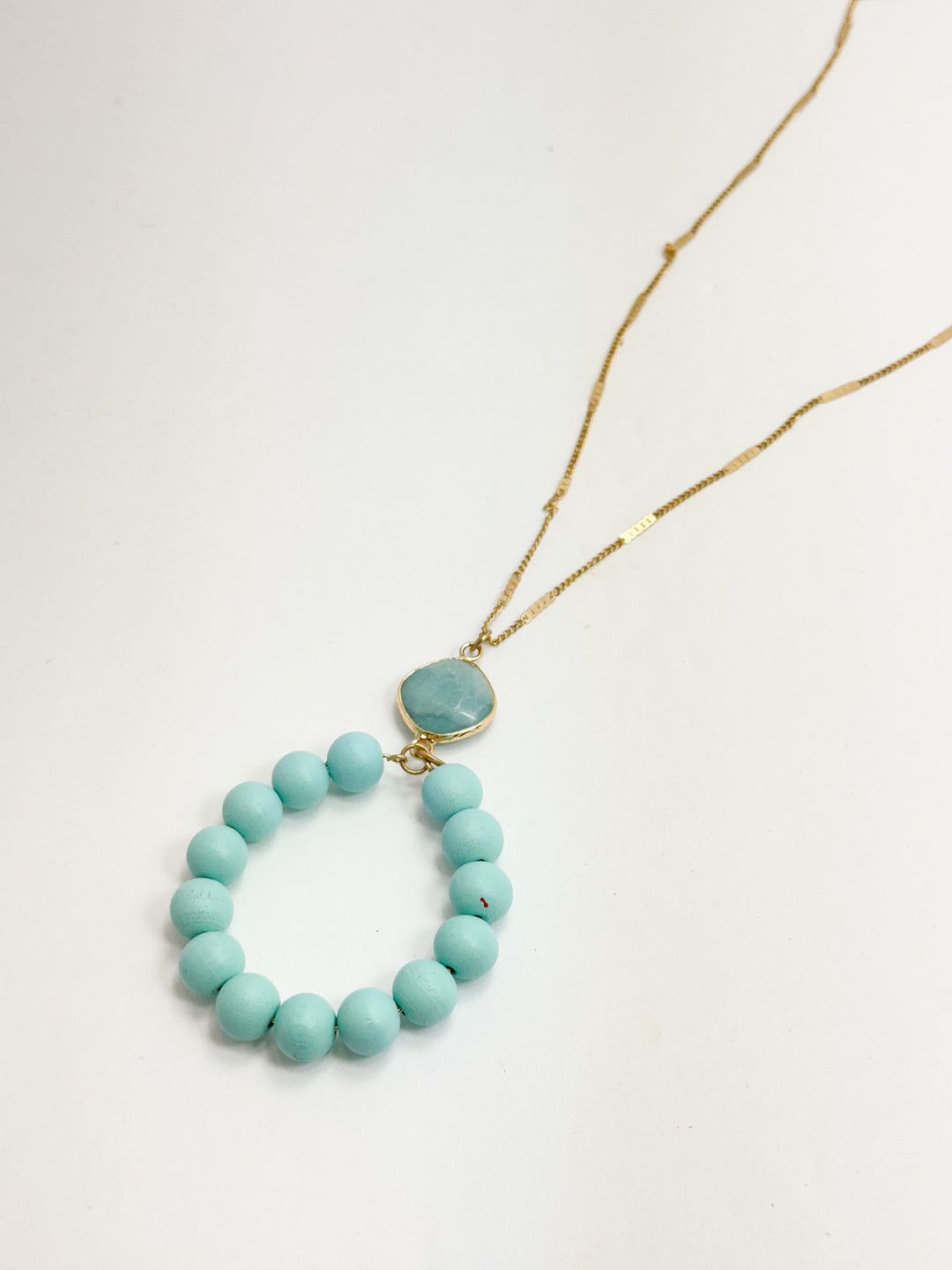 Long Gold Necklace w/ Turquoise Circle Pendant