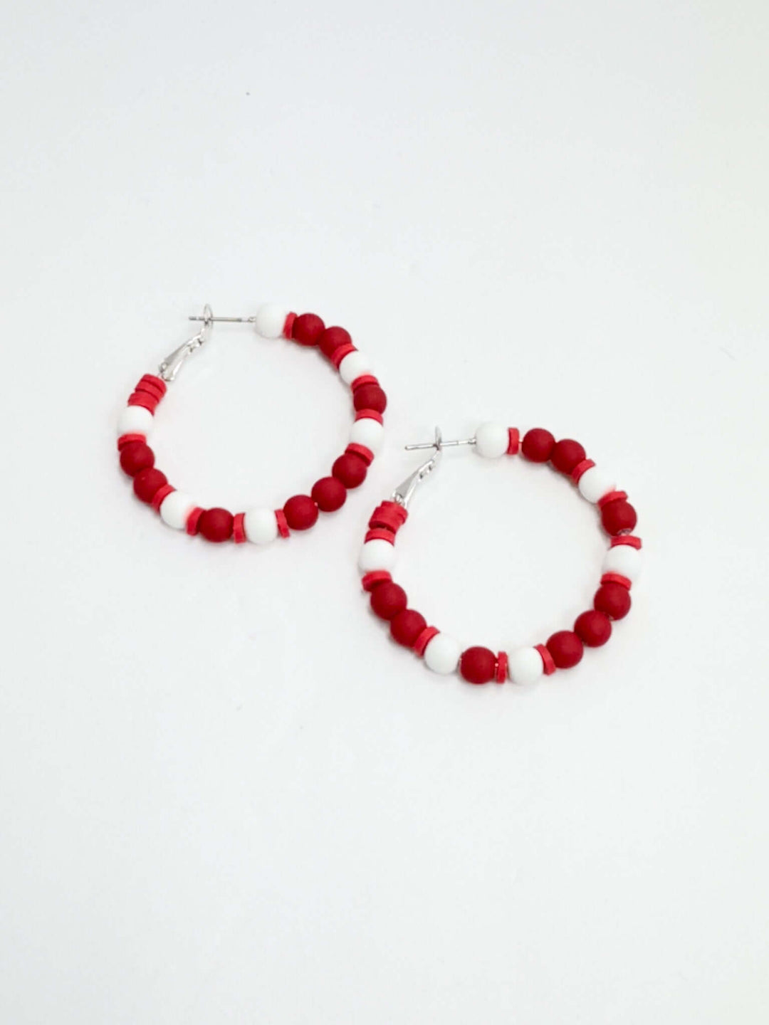 Red & White Beaded Hoop Earrings