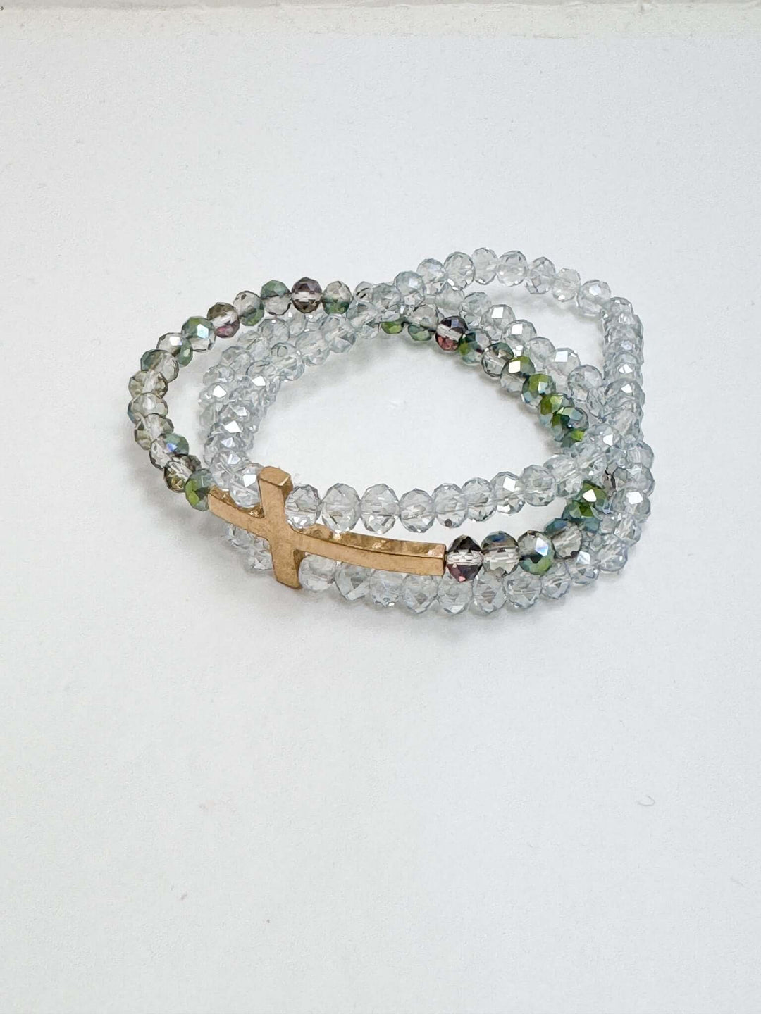 Iridescent Beaded Bracelet Set w/ Gold Cross Detail