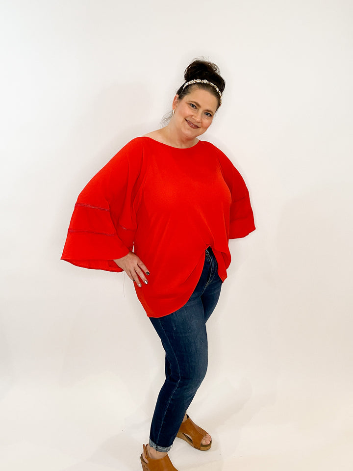 Tomato Round Neck Top with Ladder Detail on Sleeve