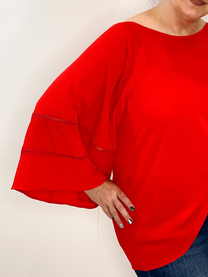 Tomato Round Neck Top with Ladder Detail on Sleeve