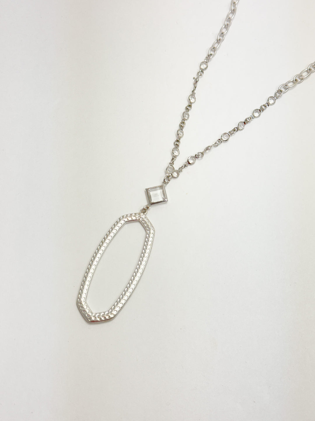 Long Silver Link Necklace w/ Oval Pendant