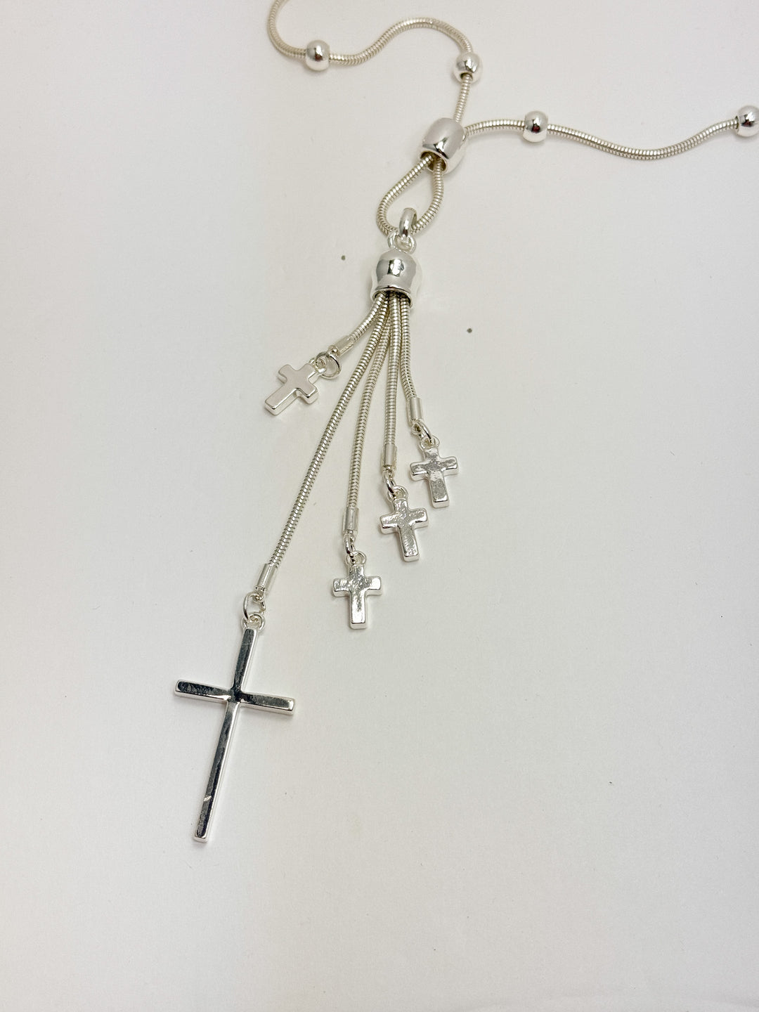 Long Silver Bolo Necklace w/ Cross Accents