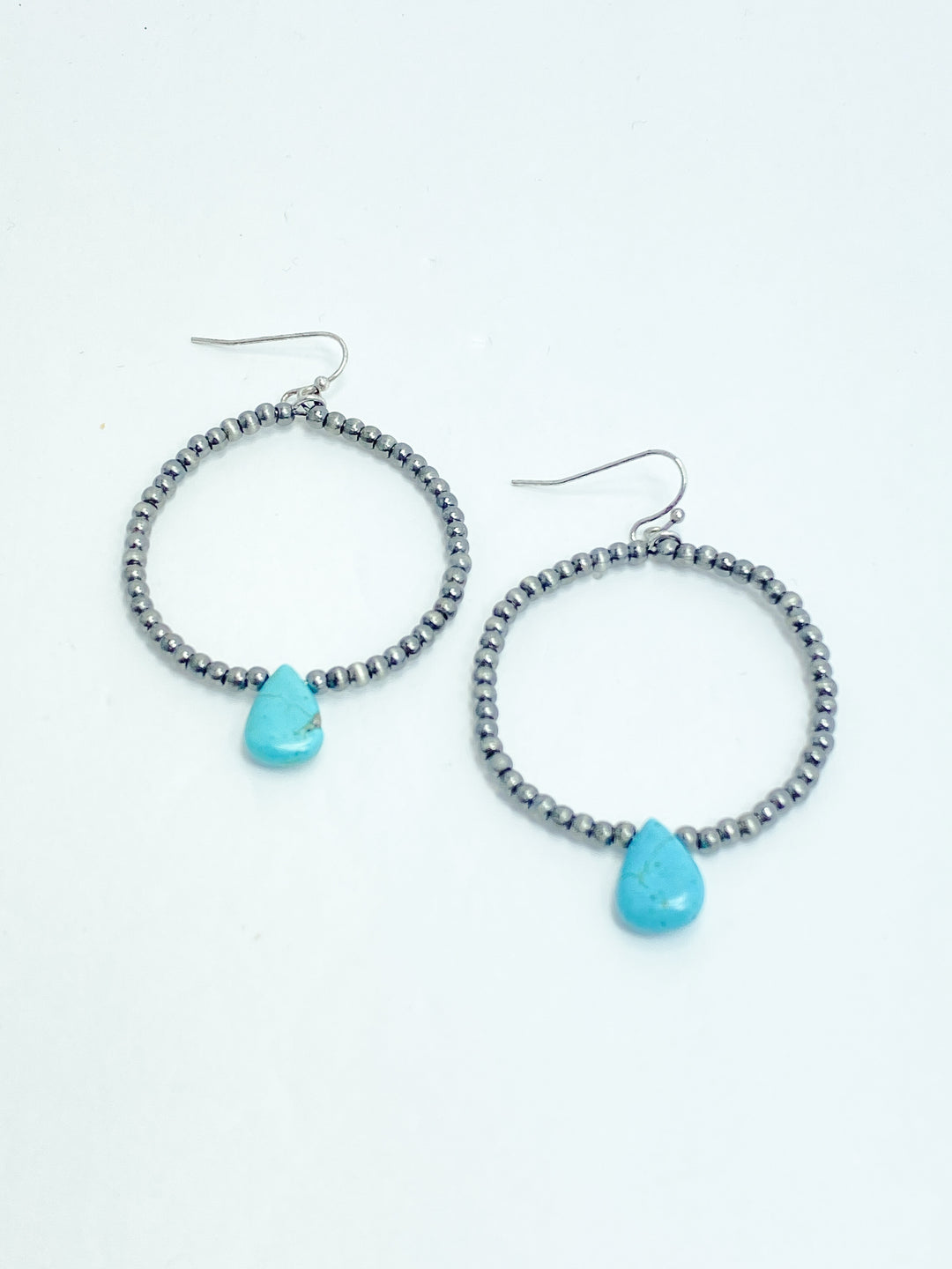 Grey Metallic Beaded Earrings w/ Turquoise Drop