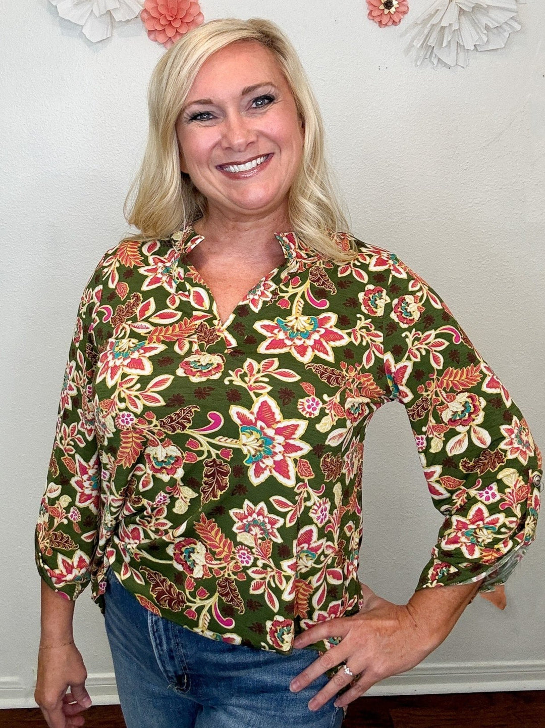 Let's Get Going Olive Floral Top