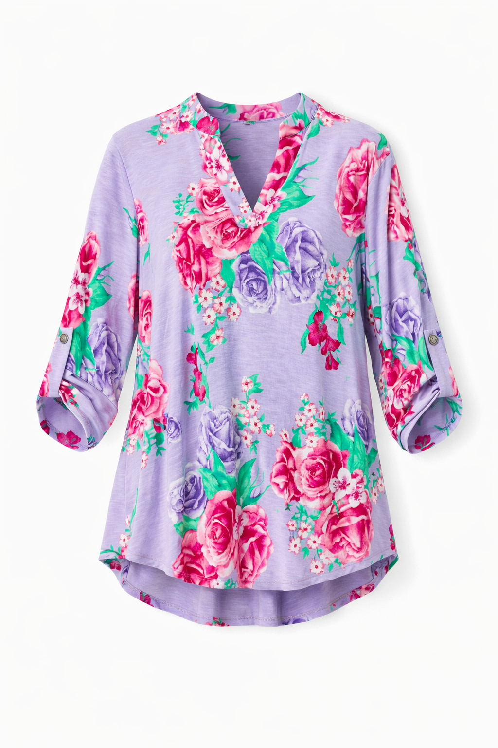 Floral blouse with pink and purple flowers on a light purple background