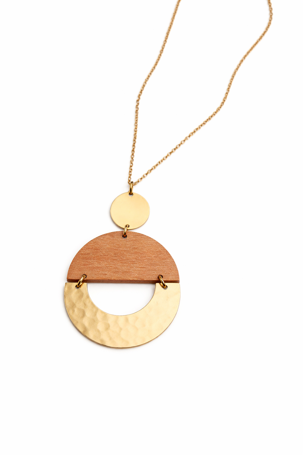 Necklace with a wooden and gold pendant on a white background