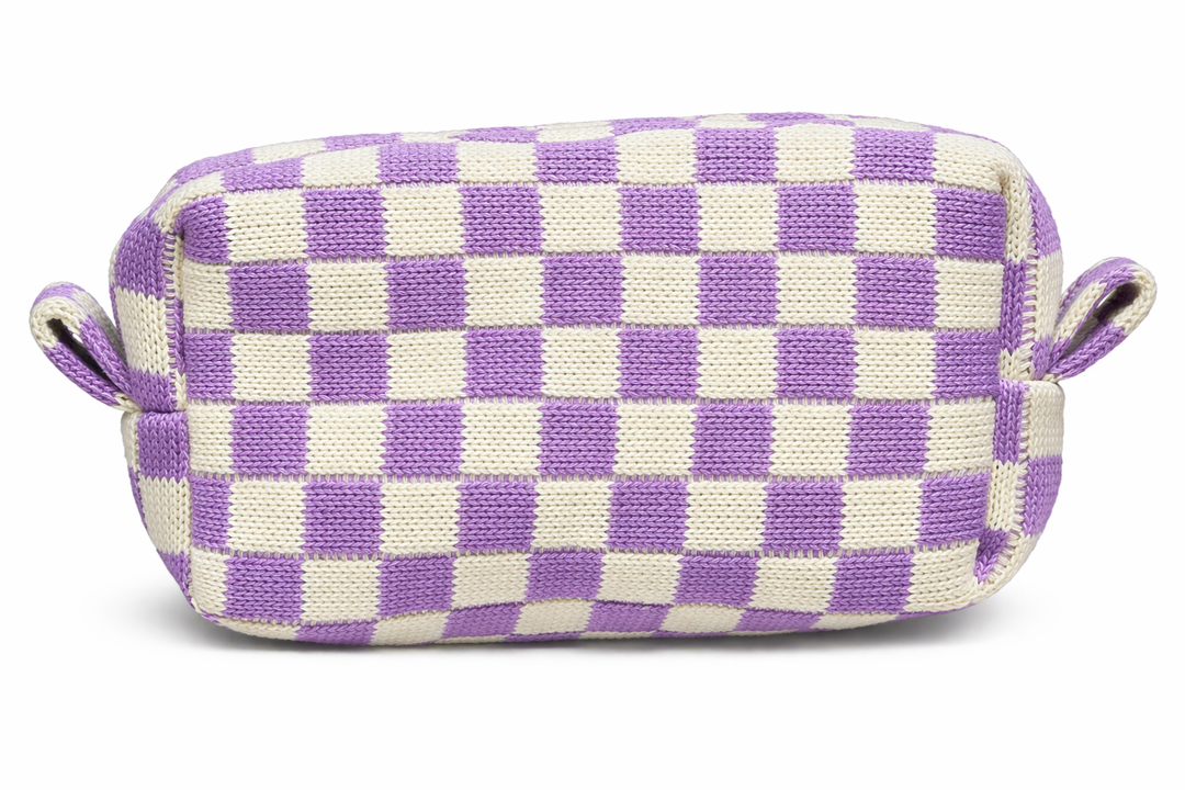 Checkered pouch with purple and white pattern on a white background