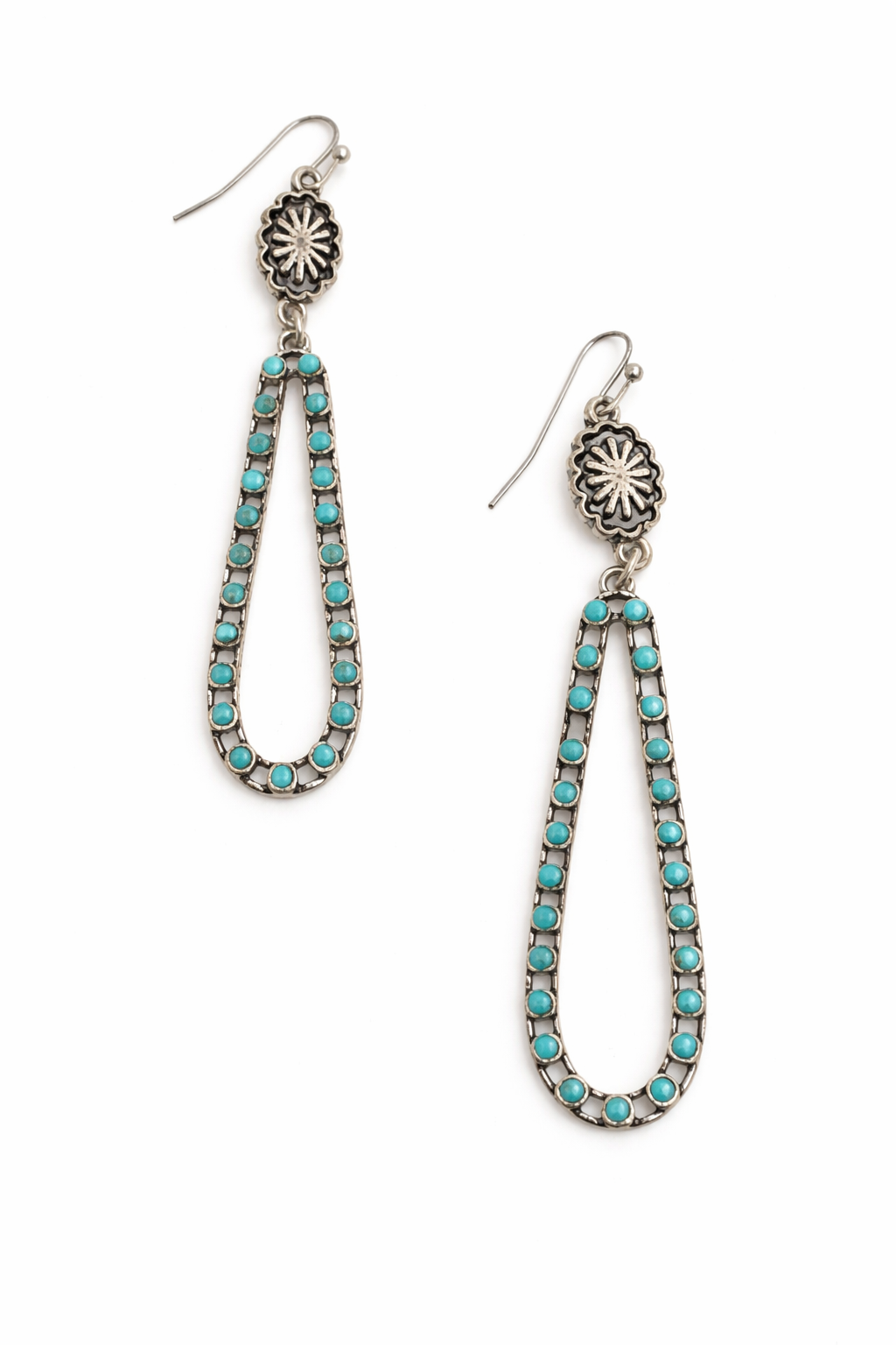 Pair of turquoise beaded earrings with silver accents on a white background
