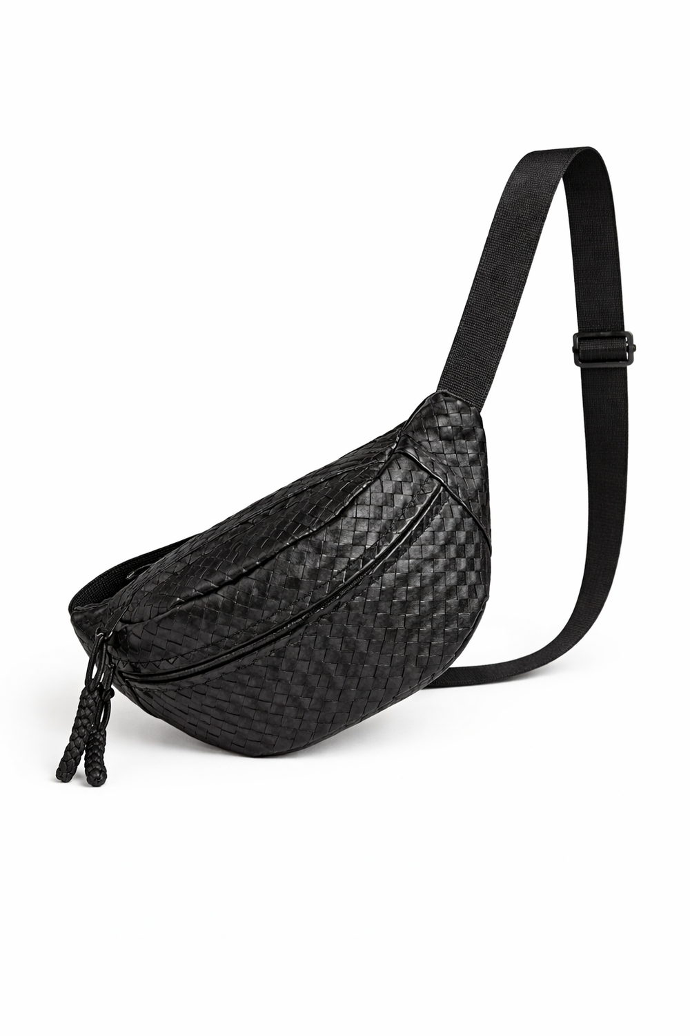 Black woven patterned waist bag on a white background