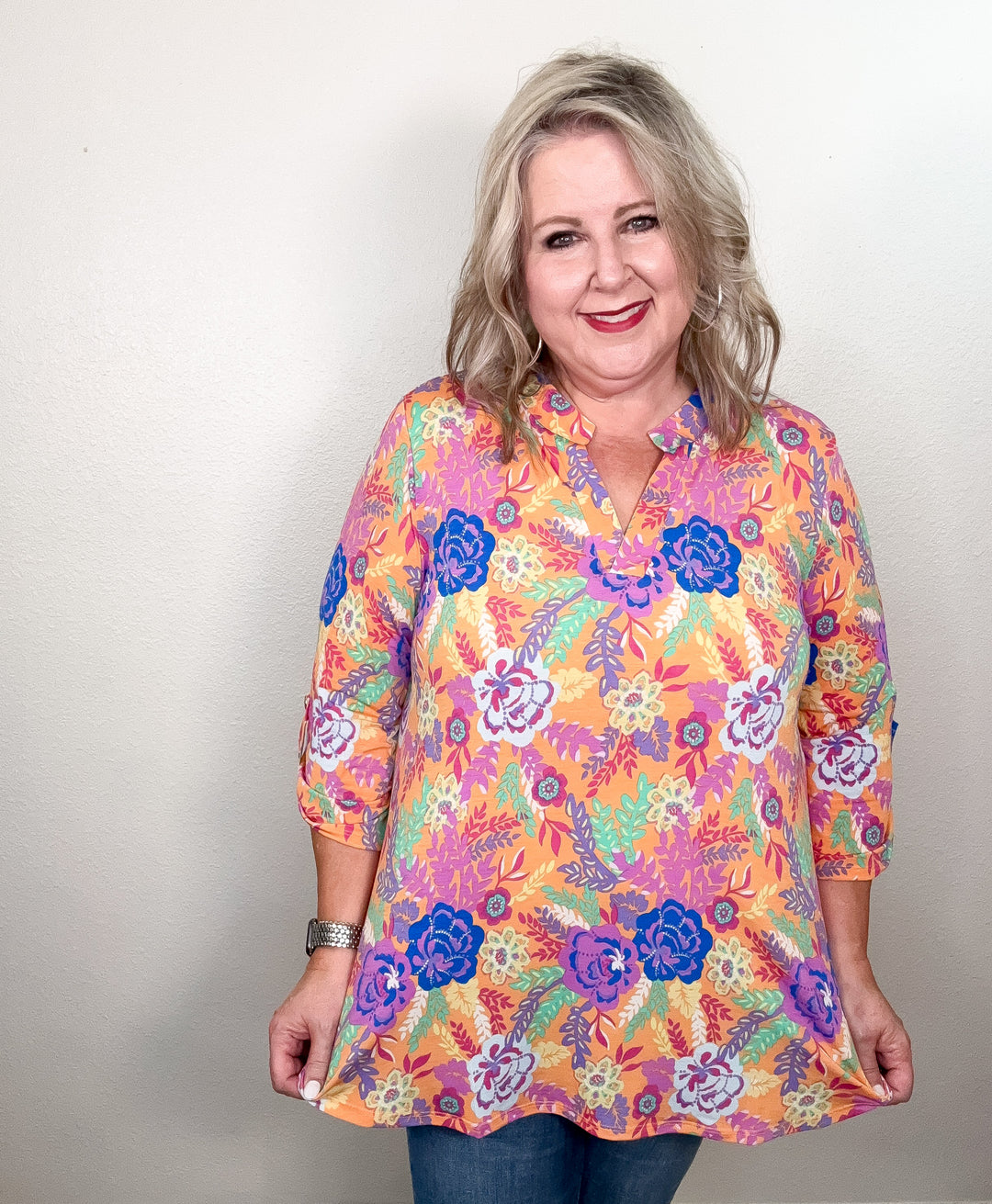 woman wearing floral top