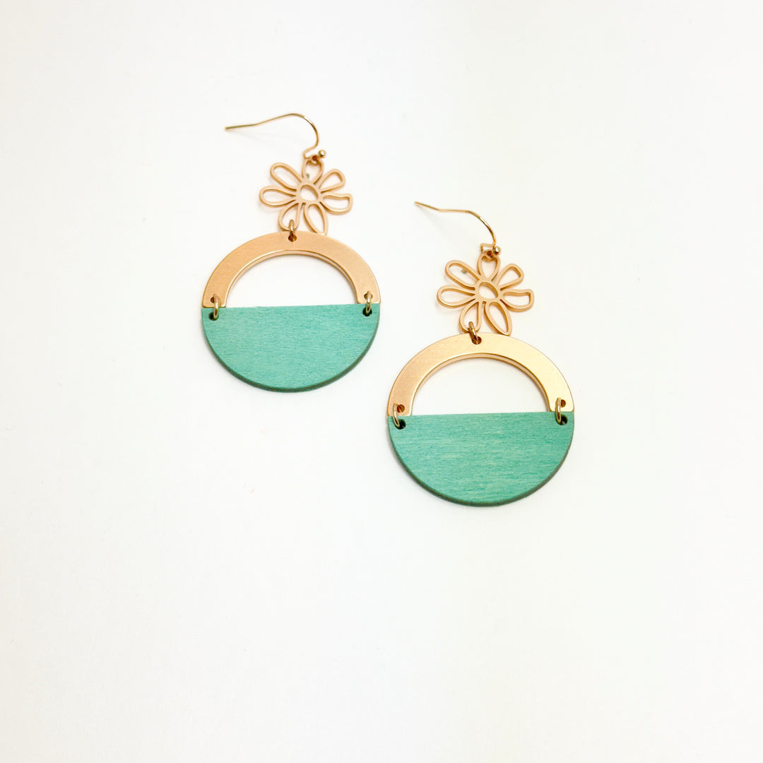 Sea Green/Matte Gold Flower Earrings
